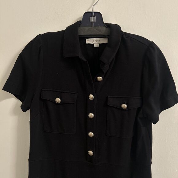 LOFT Womens Size 6 Black Short Sleeve Button Front Shift Dress Pockets - Picture 3 of 8